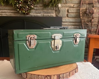 Caixa de ferramentas vintage Union Steel | Caixa de ferramentas/caixa de pesca em metal verde | Decoração de armazenamento industrial
