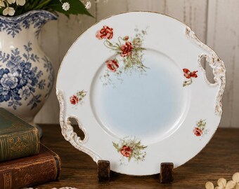 Antik fransk Limoges porslins serveringsfat handmålade blommiga handtag 10,75”