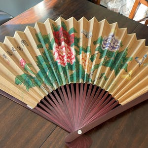 Vintage Hand-Painted Chinese Wall Hanging Fan | Traditional Asian Art Decor | Bamboo & Paper Folding Fan