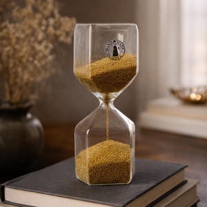 May include: Clear glass hourglass with gold-colored sand. The hourglass has a hexagonal shape and a narrow center. The top section has a "HAND MADE QUALITY" logo. The sand is flowing from the top to the bottom section. The hourglass is sitting on a stack of books.