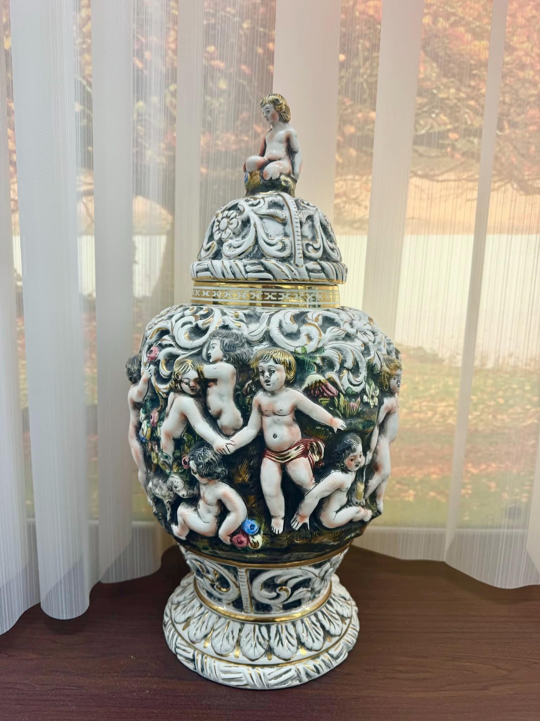 Vintage Capodimonte Porcelain Urn – Italian Cherub Finial Vase, 18