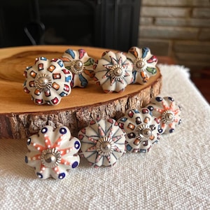 Set of 8 Hand Painted Ceramic Drawer Knobs | Indian Style Cabinet Hardware