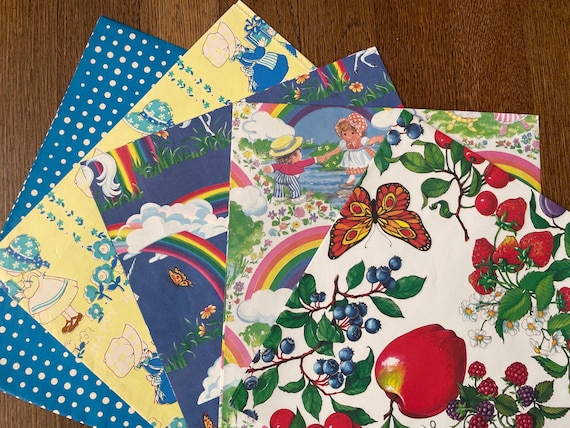 Lot of 5 Vintage Wrapping Paper Sheets • Children, Unicorns, Rainbows, Flowers & Fruit • 1970s–1980s
