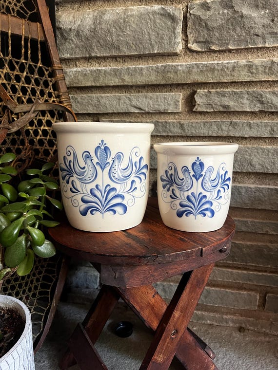 Vintage 70er Keramik Topfset | Kobaltblauer Vogel Steinzeug Kanister