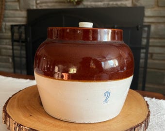 Vintage Robinson Ransbottom Blue Crown Stoneware Bean Pot | 2 Qt. Crock with Lid
