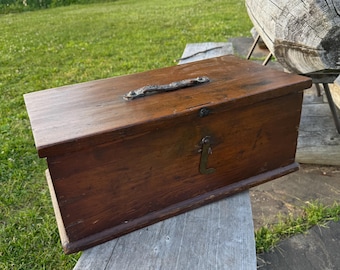 Antique Primitive Wooden Document Chest With Working Iron Lock & Original Leather Handle 21.5"
