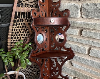 Vintage Ornate Fretwork Corner Shelf With Drawer | Victorian Gothic Wood Display