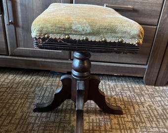 Antique Victorian Adjustable Piano Stool | Upholstered Velvet Seat | Turned Wood Pedestal | Vanity Stool | Late 19th Century