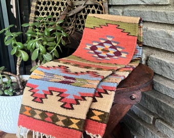 Handwoven Wool Kilim Table Runner | Southwestern Geometric Textile | Rustic Boho Table Decor