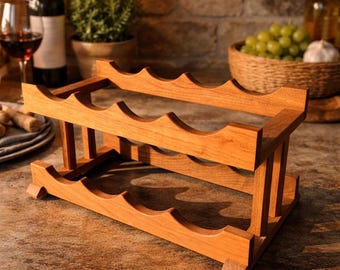 Vintage Solid Wood Wine Rack 6 Bottle Tabletop Mid Century Style Rich Grain Sculpted Wood Display