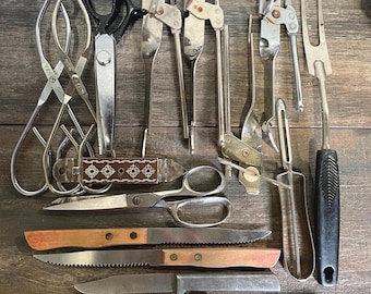 Lot of Vintage Kitchen Utensils – Mixed Tools, Knives, Tongs, Shears & More