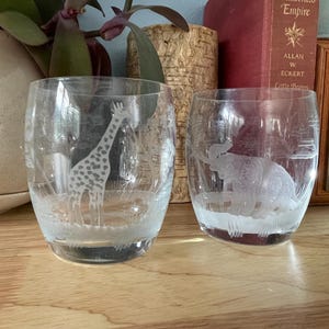Set of 2 Hand Engraved Crystal Glasses – Giraffe & Elephant Design – Wildlife Safari Theme