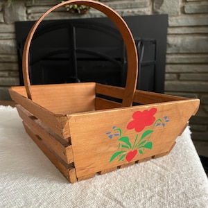 Handmålad rustik träkorg i vintagestil med blommönster – Japan från mitten av århundradet