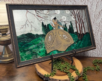 Art Deco Reverse Painted Glass Couple Artwork | Vintage Romantic Scenic Wall Art (c. 1930s)