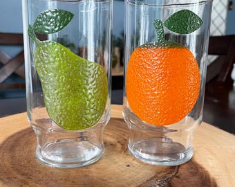 Pair of Vintage Libbey Textured Fruit Glasses – Orange & Pear Design – Retro Juice Glass Set