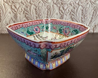 7" x 7" x 3.5" Hand Painted Macau Decorative Porcelain Bowl Floral Bird Motif Chinoiserie Centerpiece