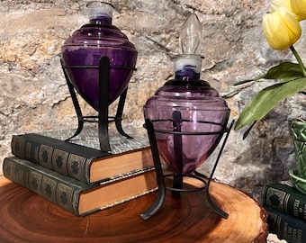 Vintage Purple Apothecary Show Globes | 1920s Pharmacy Display Bottles | Amethyst Glass Teardrop Vases | Metal Display Stands