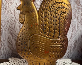 1970s Aged Ceramic Rooster Sculpture Folk Art Farmhouse Decor Brass Tone Patina Figurine