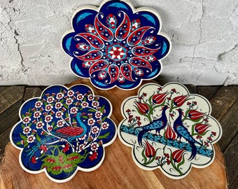 Set of 3 Turkish Iznik Style Ceramic Trivets Peacock Floral 7” Wall Decor Tiles