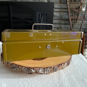 May include: Olive green metal toolbox with a silver handle and a keyhole. The box is rectangular and has a slightly worn appearance. It sits on a round wooden slice.