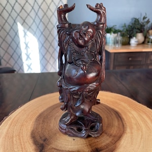 Vintage Rosewood Carved Hotei Laughing Buddha Statue | Hand-Carved Wooden Buddha Figurine | Joyful Spiritual Decor | Boho Shelf Accent