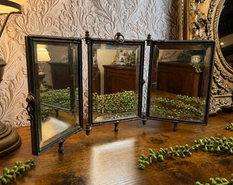 Antique Victorian Brass Tri Fold Dressing Mirror with Hidden Figural Panel Backs Folding Table Vanity Mirror