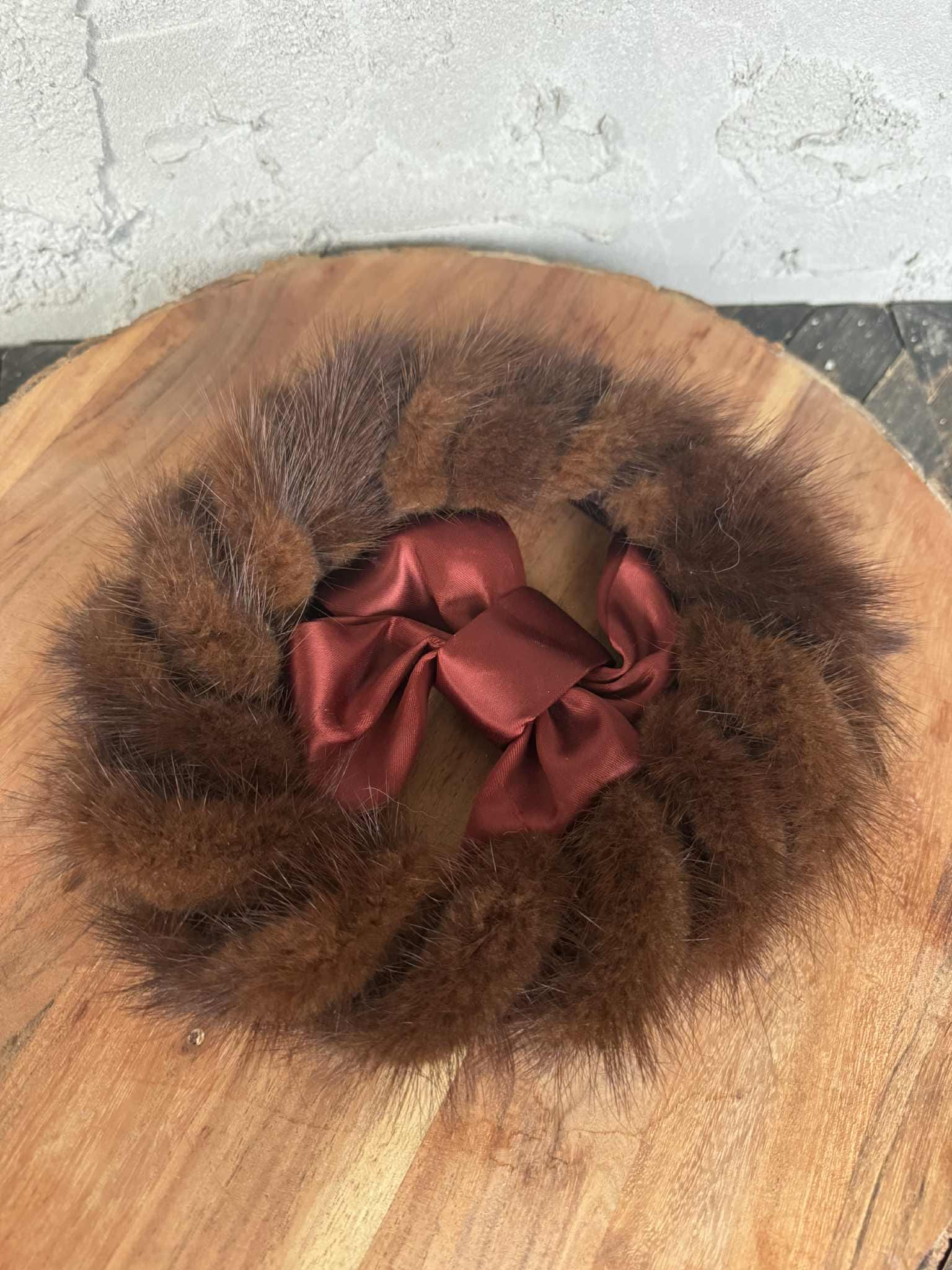 Vintage 1950s Mink Fur & Satin Bow Hat – 7.5” – Brown Real 