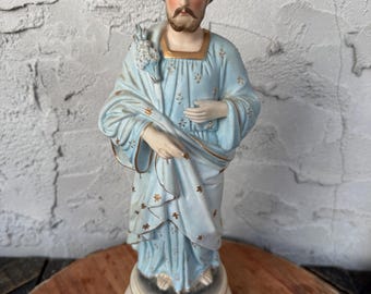 Vintage St Joseph Statue 11.5 Inch Pastel Blue Robe Gold Accents Catholic Religious Figure