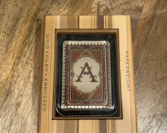 Vintage Glass Playing Card Paperweight – Embossed Gold Initial “A” – Original Gift Box – 1970s–1980s
