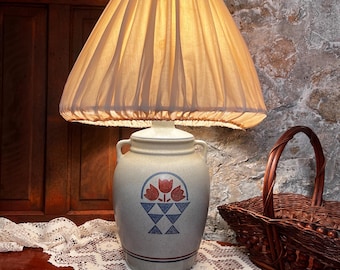 Vintage Farmhouse Crock Table Lamp | Blue Tulip Jug Lamp | Americana Pottery Lamp | Cottagecore Ceramic Table Lamp