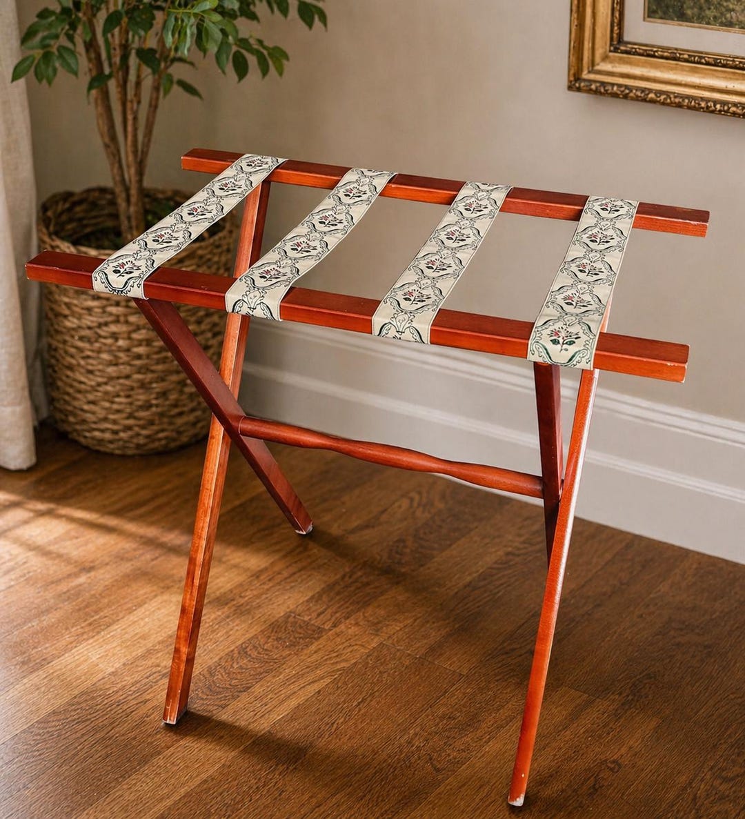 Vintage SCHEIBE Wooden Folding Luggage Rack | Tapestry Top - Etsy