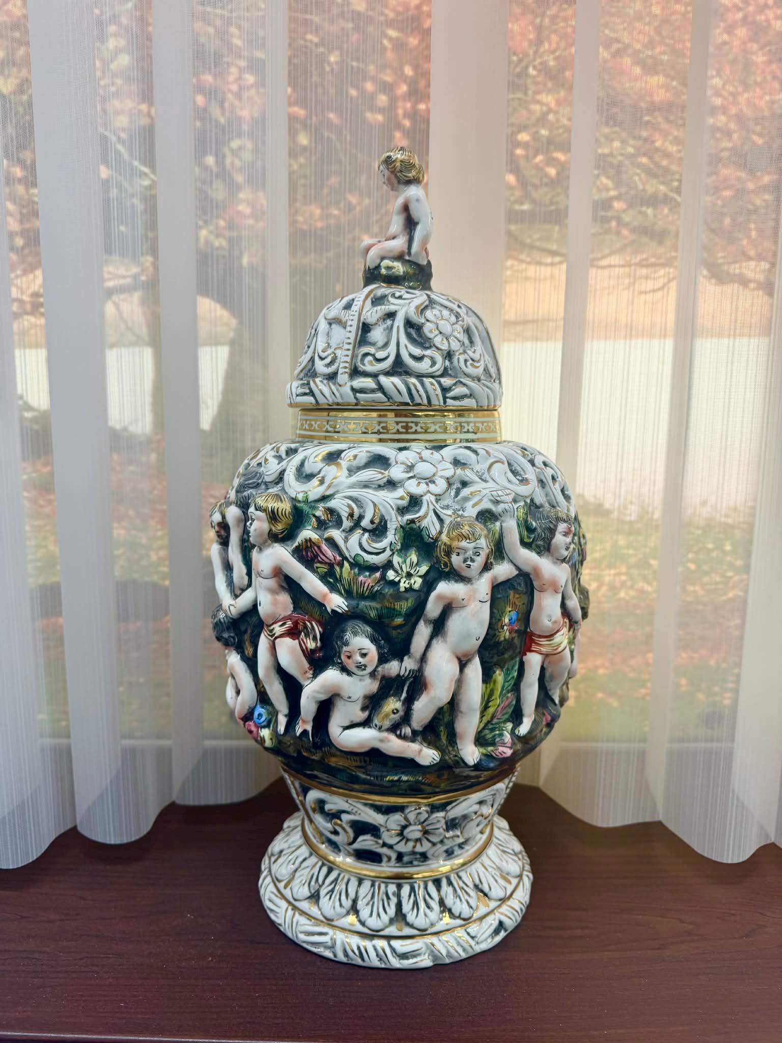 Vintage Capodimonte Porcelain Urn – Italian Cherub Finial Vase, 18