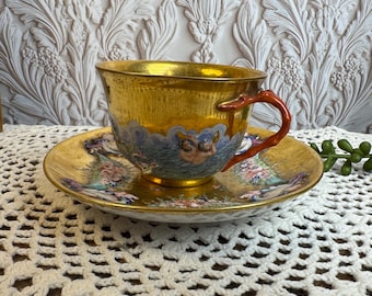 Rare Capodimonte Mythological Gilt Demitasse Cup & Saucer Set Neptune Cherub Scene