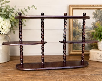 Vintage 1960s Whatnot Wall Shelf | Three Tier Spindle Display Shelf | Retro Mahogany Effect Wall Decor