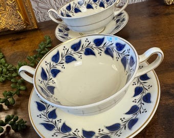 Rare Royal Doulton Coventry Footed Cream Soup Bowls & Saucers Pair Blue Bone China Tea Serving England