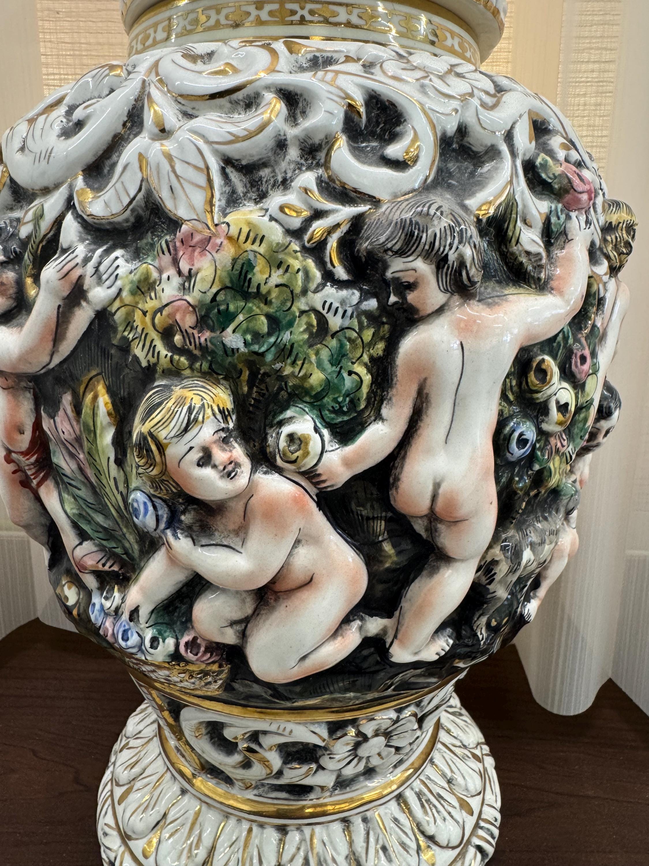 Vintage Capodimonte Porcelain Urn – Italian Cherub Finial Vase, 18