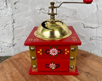Vintage Hand Crank Coffee Grinder Red Floral Wood Brass Top Working Coffee Mill