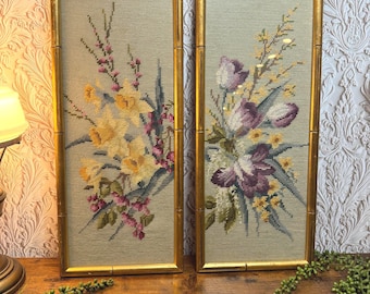 Pair Vintage Needlepoint Floral Wall Art Bamboo Style Gold Frames Daffodils Iris Crewel Embroidery