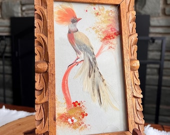 Vintage Mexican Feather Art Bird | Hand-Carved Wood Frame, 5x7 Wall Decor
