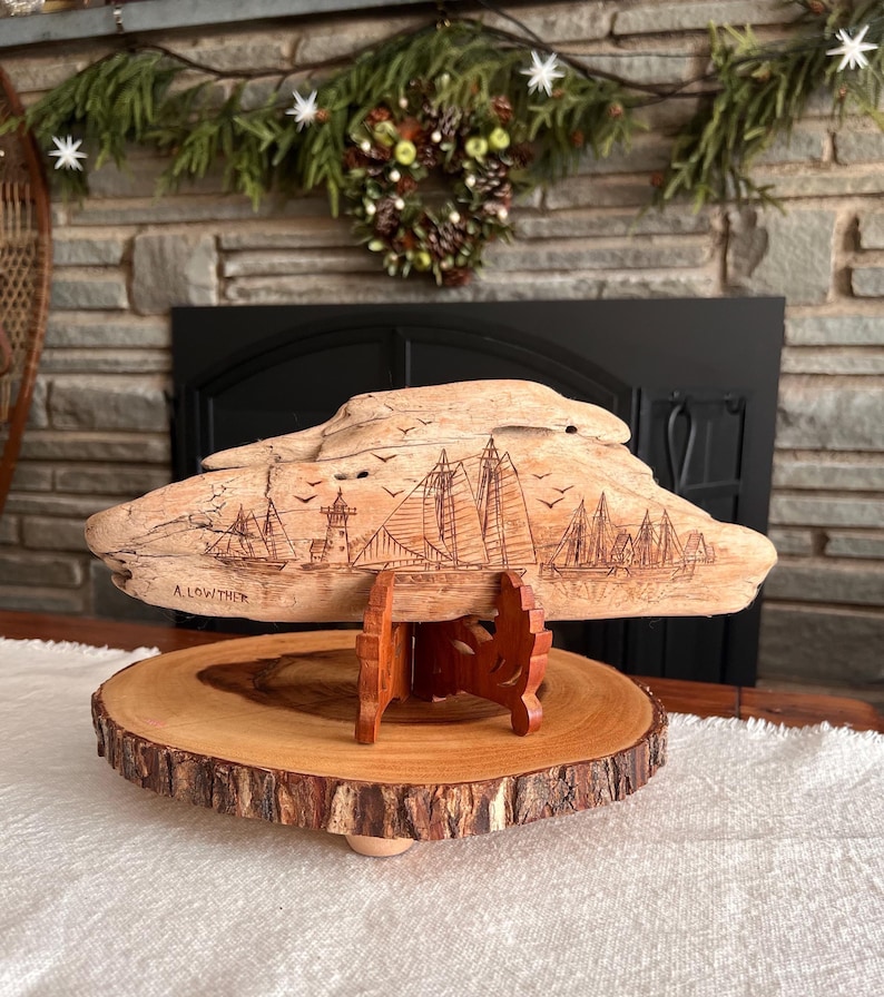Anna Lowther Driftwood Wood Burning Art | Coastal Village Scene | Signed Pyrography image 2