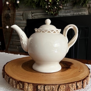 Royal Creamware Teapot | White Porcelain Lace Lattice England, Vintage Tea Pot