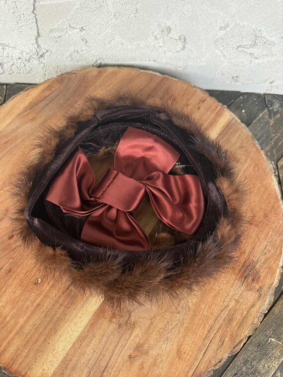 Vintage 1950s Mink Fur & Satin Bow Hat – 7.5” – Brown Real  display picture 3