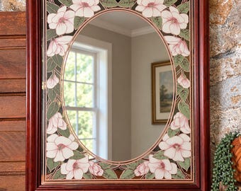 Specchio da parete vintage con motivo floreale di magnolia rosa / Specchio ovale centrale / Cornice in legno scuro / Decorazione botanica in stile cottagecore