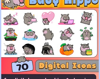 Baby Hippo Moodeng Digital Stickers - Printable Stickers - PNG FILES - Cropped for Goodnotes, digital scrapbooking