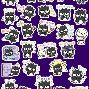 May include: A set of 24 colourful stickers featuring a cartoon penguin with different expressions and phrases. The stickers include phrases like "Yes", "Got it", "Thank you", "Sorry", "Relax", "Amazing", "Fascinating", "What's up", "Don't forget", "Blush", "Please", "Huh", "Right", "Good morning", "Take care", "Yup", "Ah hah", "Get better soon", "Just a sec", "Yay", "Congratulations!" and "Good night".