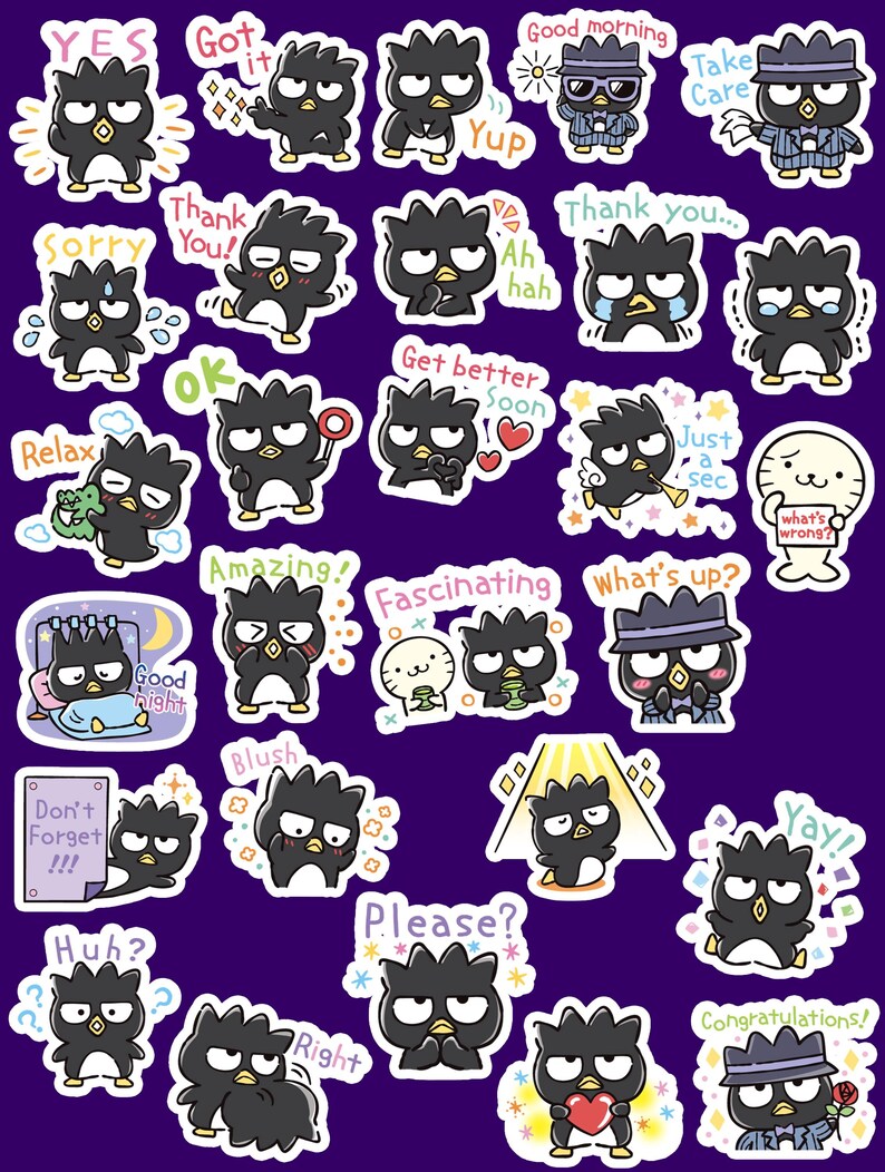 May include: A set of 24 colourful stickers featuring a cartoon penguin with different expressions and phrases. The stickers include phrases like "Yes", "Got it", "Thank you", "Sorry", "Relax", "Amazing", "Fascinating", "What's up", "Don't forget", "Blush", "Please", "Huh", "Right", "Good morning", "Take care", "Yup", "Ah hah", "Get better soon", "Just a sec", "Yay", "Congratulations!" and "Good night".