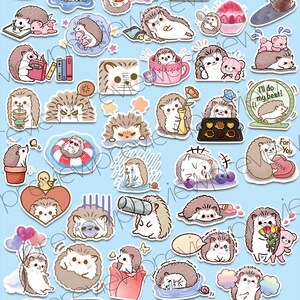 May include: A set of 36 colorful stickers featuring cute cartoon hedgehogs in various poses and activities. The stickers are perfect for adding a touch of whimsy to journals, planners, laptops, and more.