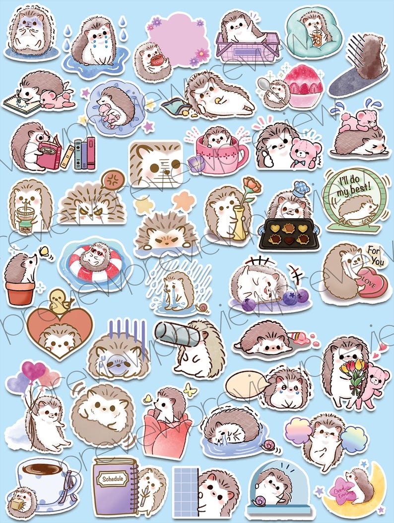 May include: A set of 36 colorful stickers featuring cute cartoon hedgehogs in various poses and activities. The stickers are perfect for adding a touch of whimsy to journals, planners, laptops, and more.
