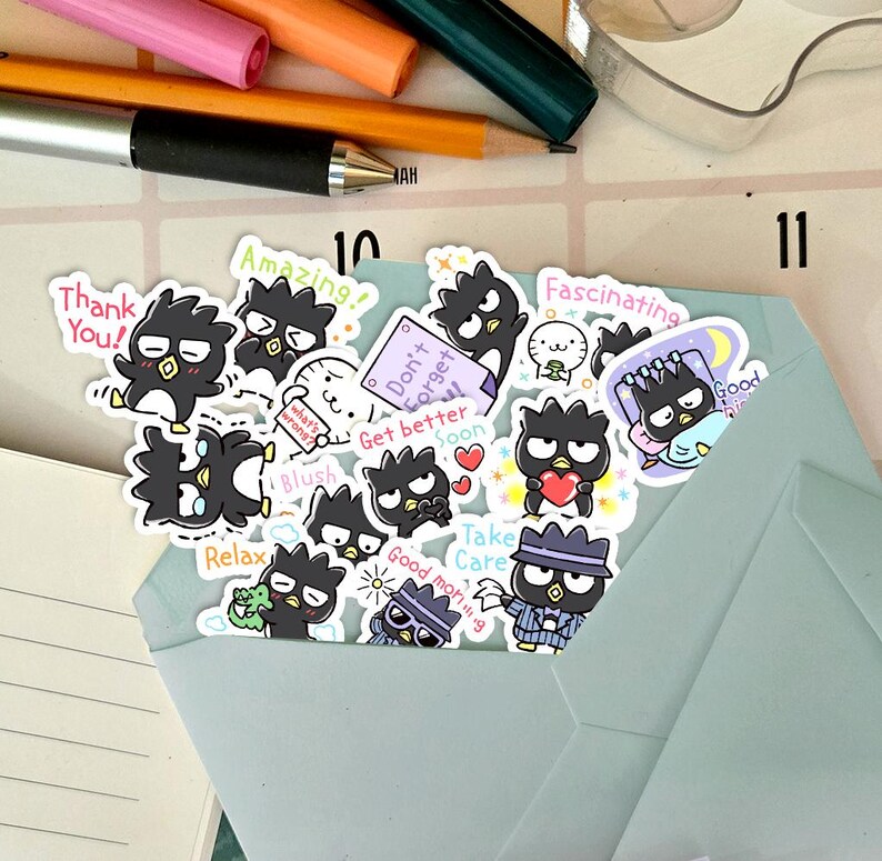 May include: A collection of black and white cartoon stickers featuring a character with a black and white face and a black body. The stickers have various phrases on them, including "Thank You!" "Amazing!" "Don't Forget!" "Get Better Soon" "Fascinating" "Good Morning" "Take Care" "Relax" "Blush" and "Good Night".