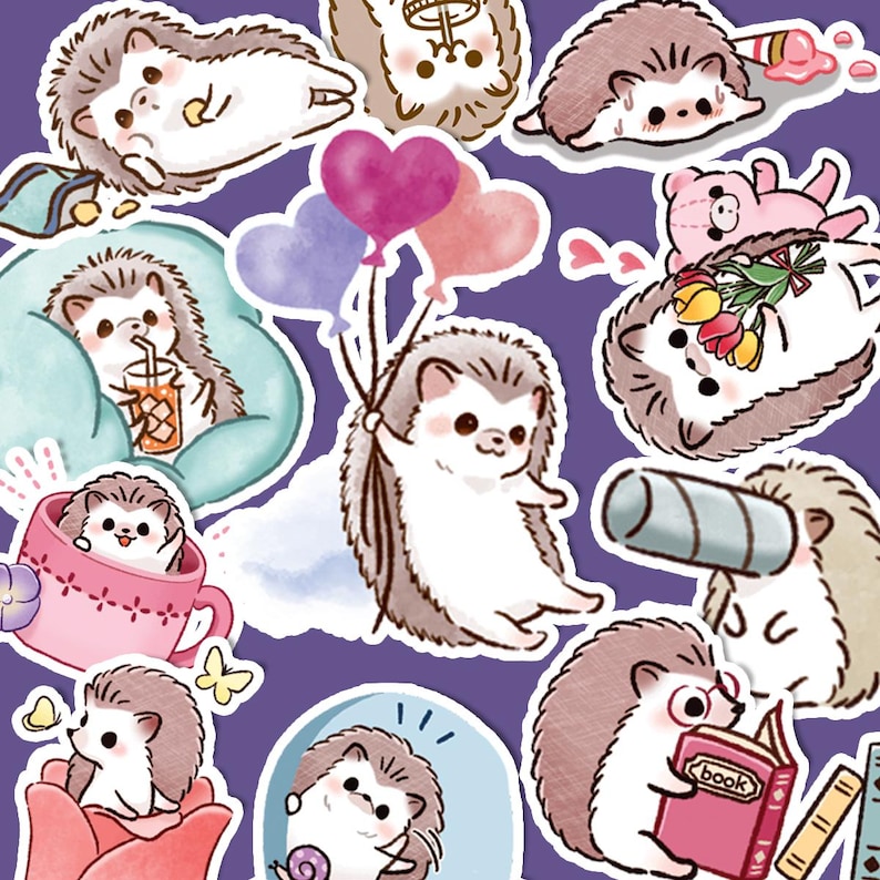 May include: A set of colorful stickers featuring cute cartoon hedgehogs in various activities, including holding balloons, reading a book, and drinking tea. The stickers are perfect for adding a touch of whimsy to journals, laptops, or water bottles.